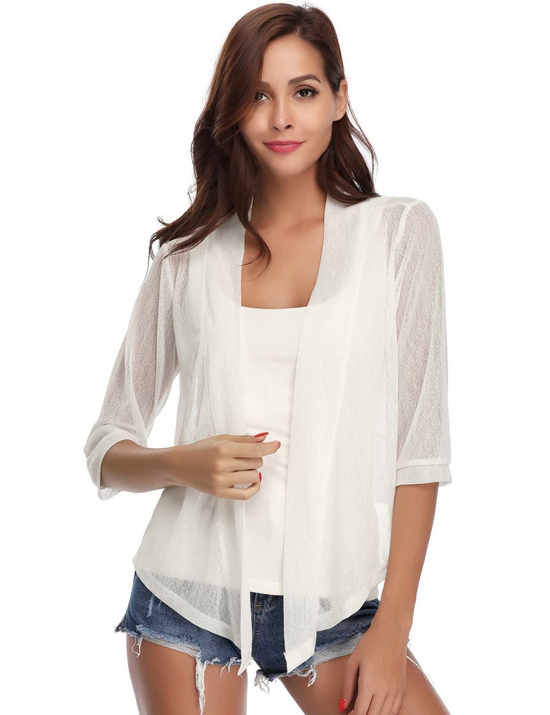 iClosam Womens Sheer Shrug Tie Front 3/4 Sleeve Cropped Bolero Cardigan White - Image 3